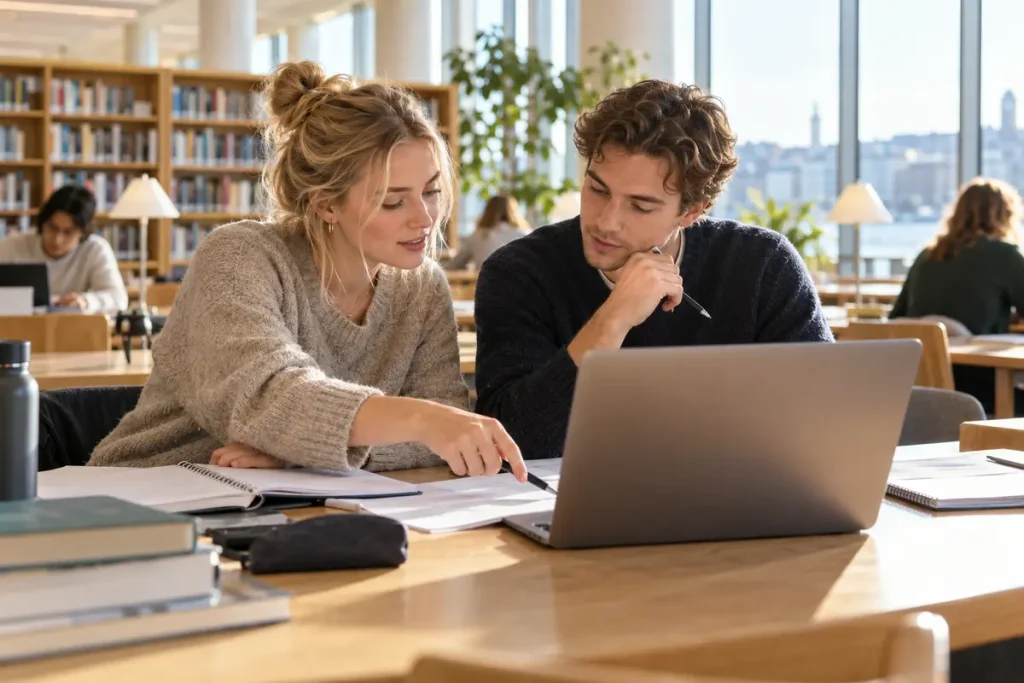 Två studenter förbereder en stipendieansökan tillsammans i ett universitetsbibliotek.