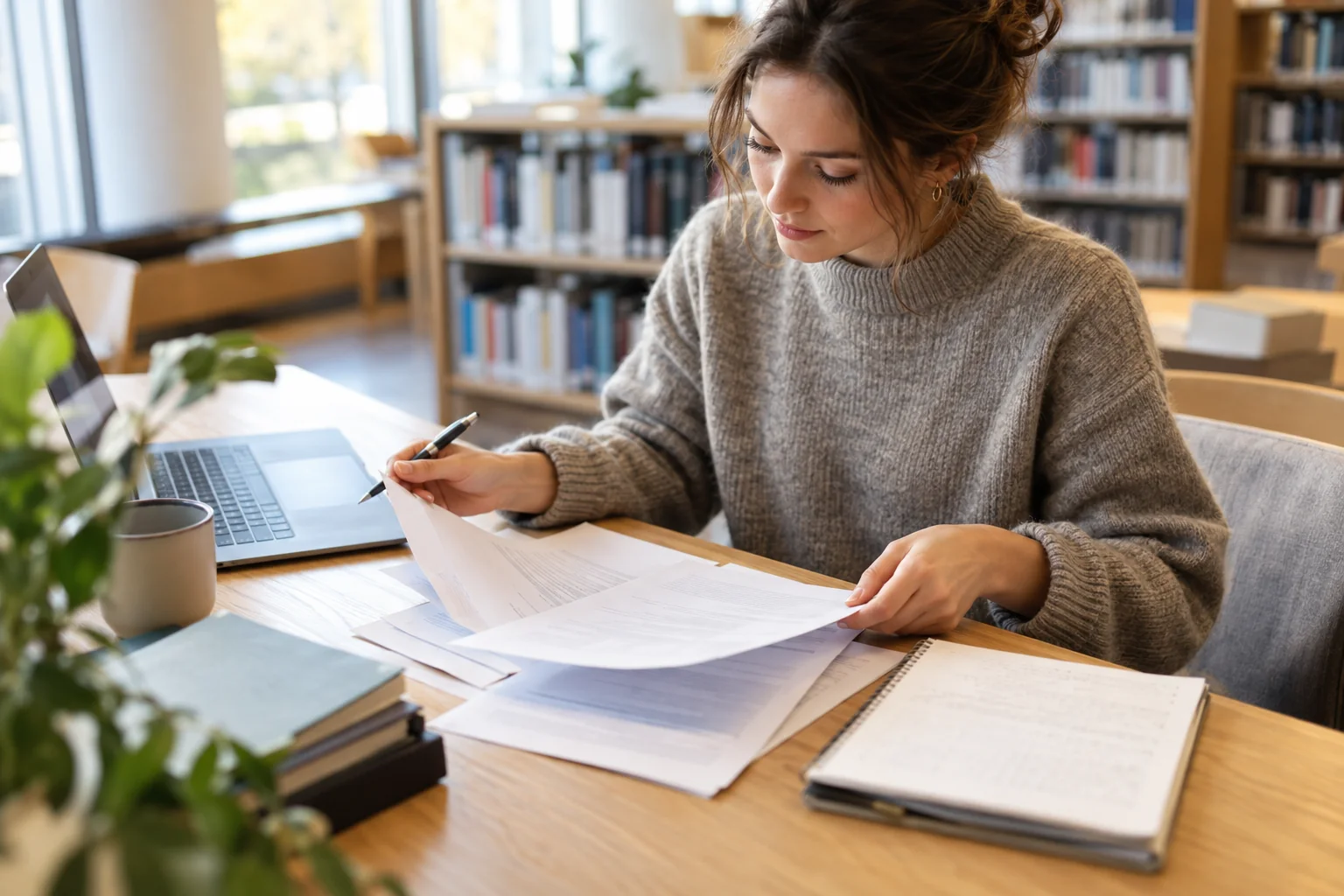 Student förbereder en stipendieansökan med dokument, anteckningsbok och dator.