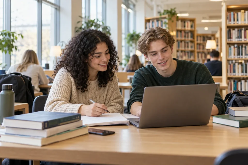 Två studenter arbetar tillsammans med dator och anteckningar i ett bibliotek.